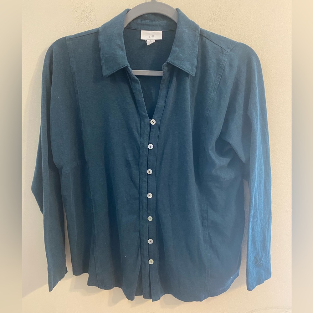 Womens J. Jill Green Teal Oversized Long Sleeve Button Up Shirt XSP‎ XS Petite